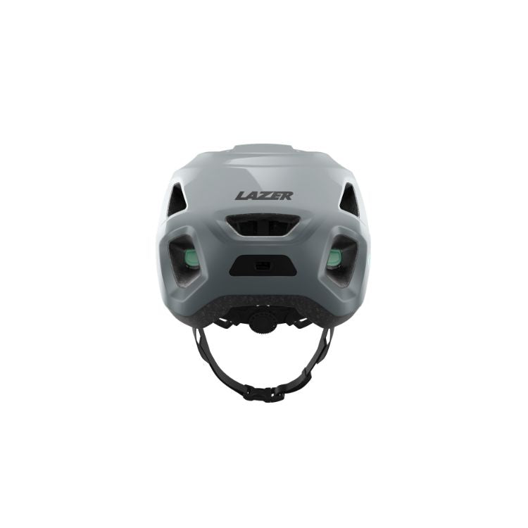 Lazer Lupo ice grey helmet with black strap with Lazer logo, back view