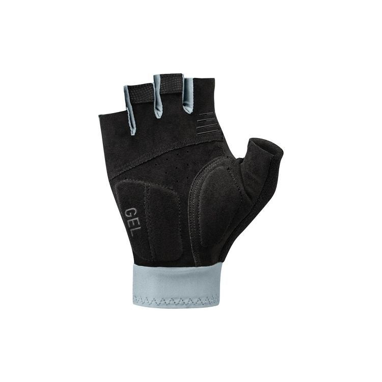 Black fingerless cycling glove with light gray cuff and finger tabs, shown from the palm side. The glove features padded gel cushioning across the palm and thumb area, perforated ventilation holes, textured pull tabs on the fingers, and the word “GEL” printed vertically near the wrist. Displayed against a light gray background.