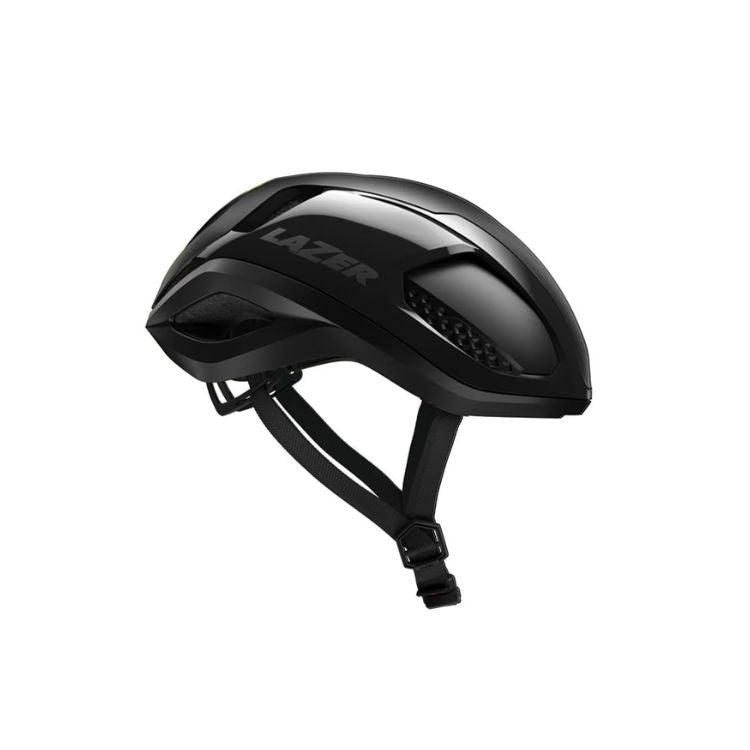 Lazer Vento helmet with black strap, matte black, right side view, size medium