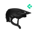 Matte black mountain bike helmet shown in right-side profile, with a long visor, sharp geometric contours, integrated ventilation openings, adjustable retention system, and secure chin strap against a light grey background.