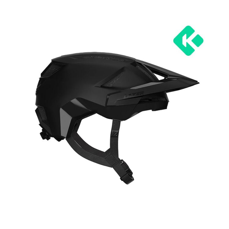 Matte black mountain bike helmet shown in right-side profile, with a long visor, sharp geometric contours, integrated ventilation openings, adjustable retention system, and secure chin strap against a light grey background.