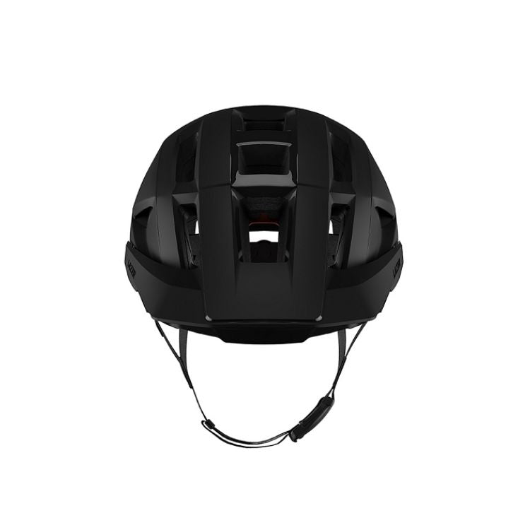 Front view of a matte black mountain bike helmet featuring a wide protective visor, large front ventilation ports, streamlined construction, and adjustable chin straps displayed on a light grey background.