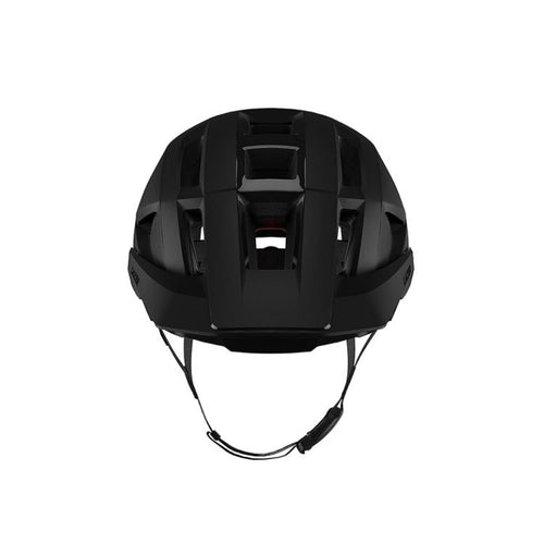 Front view of a matte black mountain bike helmet featuring a wide protective visor, large front ventilation ports, streamlined construction, and adjustable chin straps displayed on a light grey background.