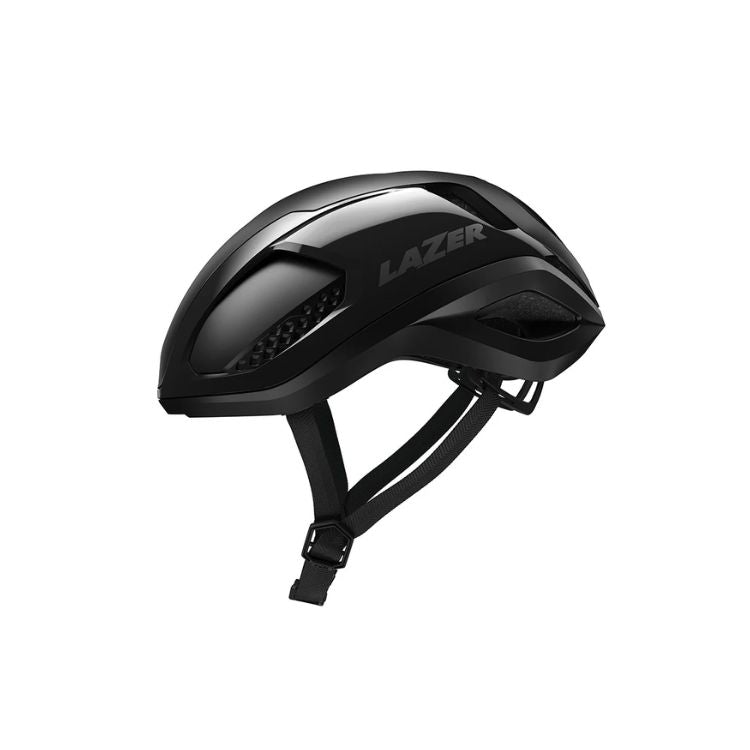 Lazer Vento helmet with black strap, matte black, left side view, size medium