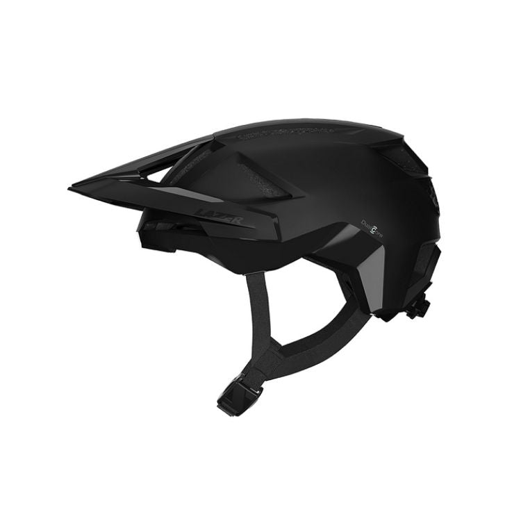 Matte black mountain bike helmet shown in left-side profile, featuring an extended visor, angular shell design, multiple ventilation channels, adjustable chin strap, and rugged trail-riding styling on a light grey background.