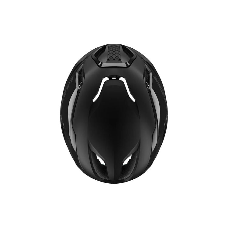 Lazer Vento helmet with black strap, matte black, top side view, size medium