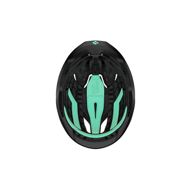 Lazer Vento helmet with black strap, matte black, under side view, size medium