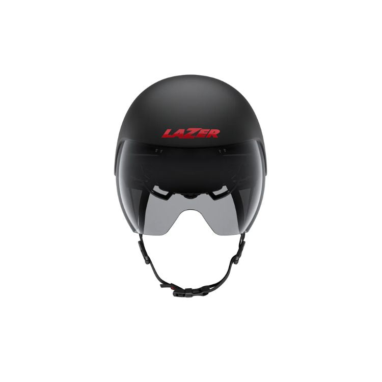 Front view of an aerodynamic cycling time-trial helmet with a matte black-to-red gradient finish. The helmet has an elongated teardrop-shaped rear profile, an integrated tinted visor, and a black chin strap with buckle. The brand name “LAZER” is displayed in large red lettering on the front panel. Shown against a light gray background.