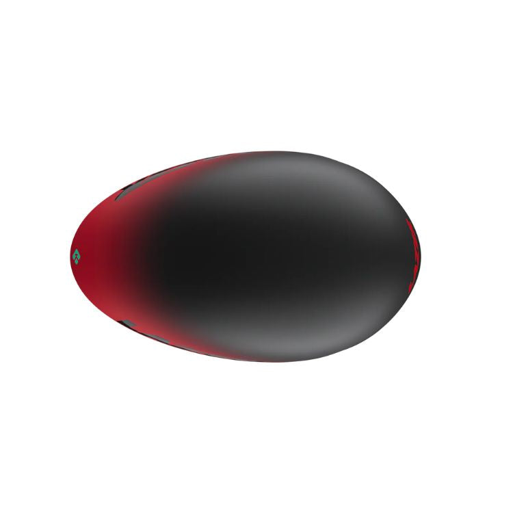 Top view of an aerodynamic cycling time-trial helmet with a smooth, elongated teardrop shape. The helmet has a matte black finish that transitions to deep red toward the front, with subtle ventilation openings near the front edge. The streamlined shell is shown against a light gray background, emphasizing its aerodynamic design.