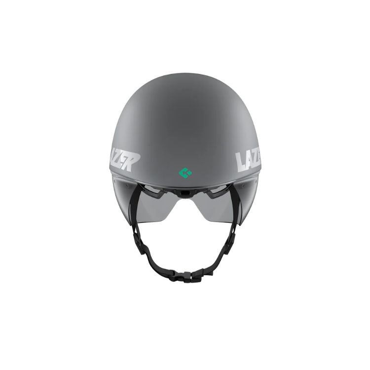 Back view of an aerodynamic cycling time-trial helmet in a matte white and silver finish. The helmet features an extended teardrop-shaped rear profile, an integrated tinted visor covering the eye area, and an adjustable black chin strap. Shown against a light gray background.