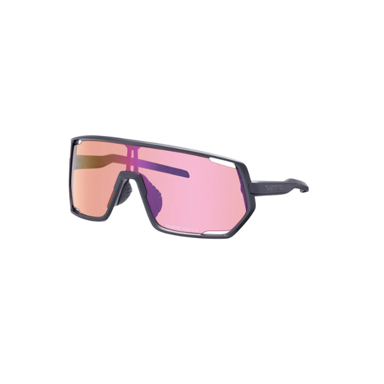 Shimano Technium eyewear with pink reflective lenses and matte black frame with ridescape tr wording, left view