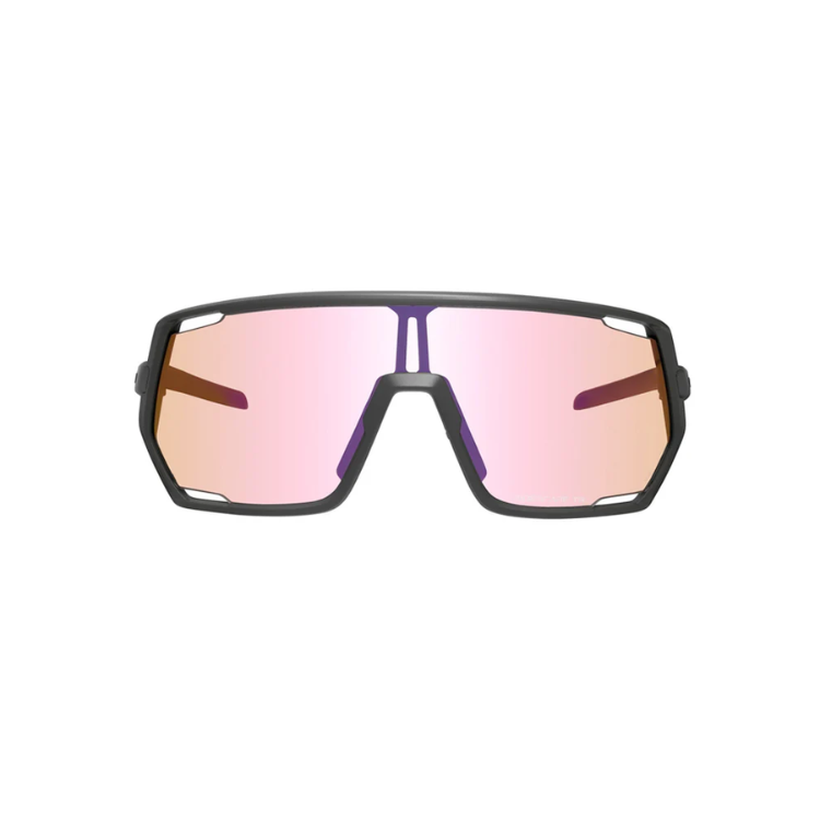 Shimano Technium eyewear with pink reflective lenses and matte black frame with ridescape tr wording, front view