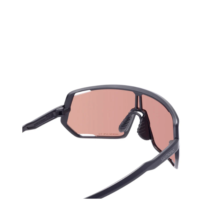 Shimano Technium eyewear with pink reflective lenses and matte black frame with ridescape tr and Shimano wording, back view