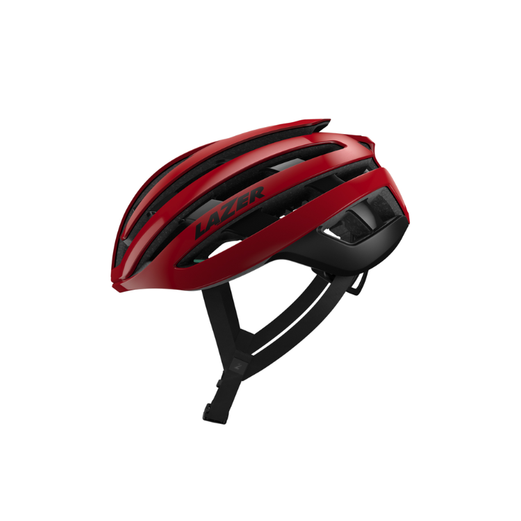 Lazer Z1 red helmet with black strap and Lazer logo, left view, size small