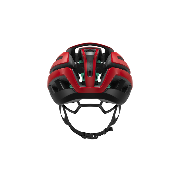 Lazer Z1 red helmet with black strap and Lazer logo, back view, size small