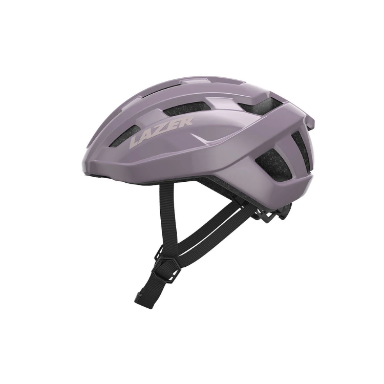 Lazer Tempo mulberry helmet with black strap with Lazer logo, left view