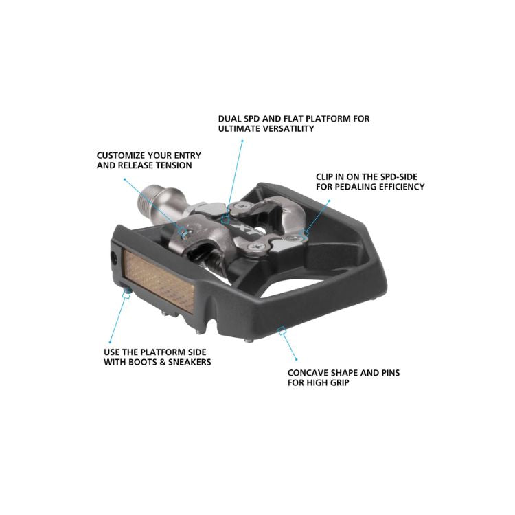 Annotated Shimano XT PD-T8000 dual-sided pedal highlighting key features, including adjustable entry and release tension, SPD clipless side for pedaling efficiency, flat platform side for casual footwear, and concave platform shape with pins for enhanced grip.