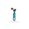 Compact CO₂ bike tire inflator with an attached threaded CO₂ cartridge. The silver cartridge features a blue label with product information, while the angled gray inflator head is designed for quick and efficient tire inflation on the go.