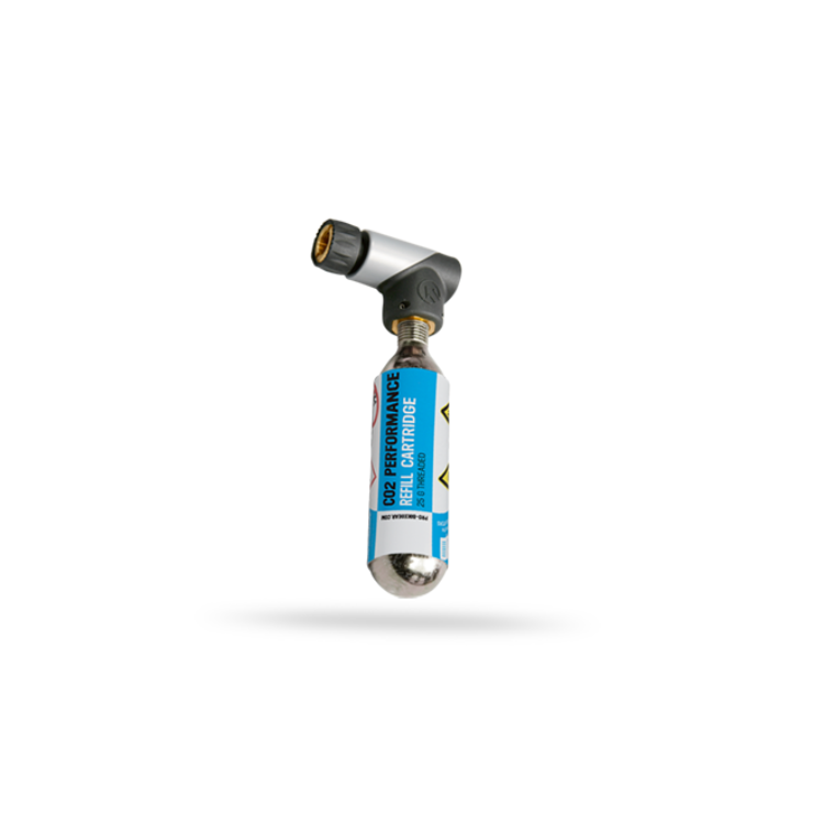 Compact CO₂ bike tire inflator with an attached threaded CO₂ cartridge. The silver cartridge features a blue label with product information, while the angled gray inflator head is designed for quick and efficient tire inflation on the go.
