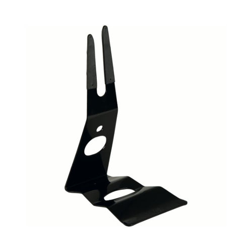 Black metal bicycle display stand with a fork-style upright mount and sturdy angled base. The stand features multiple cutout mounting holes and a durable powder-coated finish, designed to securely support a bicycle during storage, display, or maintenance.
