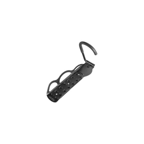 Black metal wall-mounted storage hook with a curved hanging arm and perforated base plate. The compact rack features two rounded support loops and multiple mounting holes, designed for securely holding equipment, accessories, or gear.