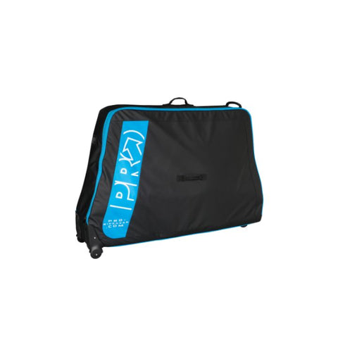 Black bicycle travel bag with blue accents and zipper trim, shown fully closed. A large blue vertical panel on the front displays a white logo and branding, while integrated wheels and carry handles provide portability.