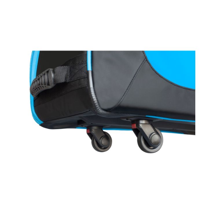 Close-up of the bottom corner of a black and blue bicycle travel bag, highlighting two integrated swivel wheels, reinforced edges, and a carry strap attachment for easier transport.