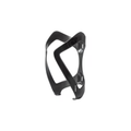 Black lightweight bicycle water bottle cage with an open-frame design and two mounting holes. The durable cage features curved arms for securely holding a water bottle while allowing easy access during cycling.