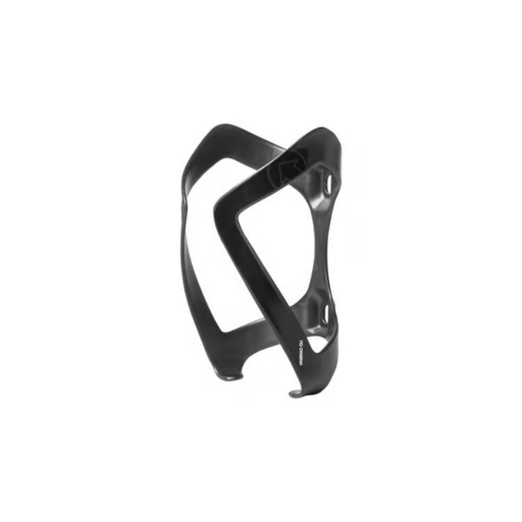 Black lightweight bicycle water bottle cage with an open-frame design and two mounting holes. The durable cage features curved arms for securely holding a water bottle while allowing easy access during cycling.
