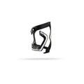 Black bicycle water bottle cage with a lightweight open-frame design and side-entry access. The cage features a compact shape with mounting holes for frame attachment and a secure retention arm to hold a water bottle firmly while riding.