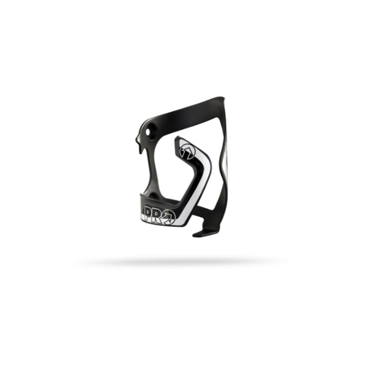 Black bicycle water bottle cage with a lightweight open-frame design and side-entry access. The cage features a compact shape with mounting holes for frame attachment and a secure retention arm to hold a water bottle firmly while riding.