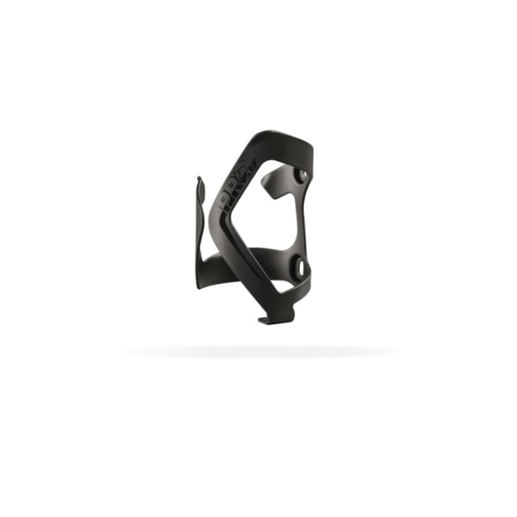 Black bicycle water bottle cage with a lightweight side-entry design, shown at an angle against a light gray background. The cage features a minimalist open-frame construction, dual mounting holes for frame attachment, and a secure retention arm for easy bottle access and reliable holding power while riding.