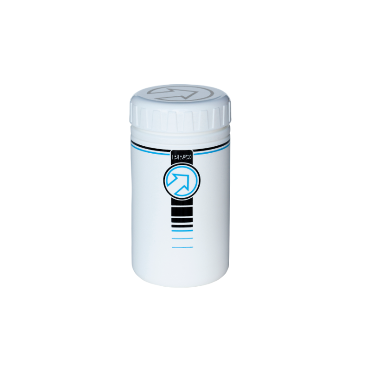 PRO bicycle storage bottle, white with blue and black trimmings and PRO logo in front
