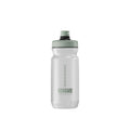 Transparent sports water bottle with a pale mint-green cap and pull spout, featuring vertical measurement markings and a small logo near the base, shown against a light gray background.