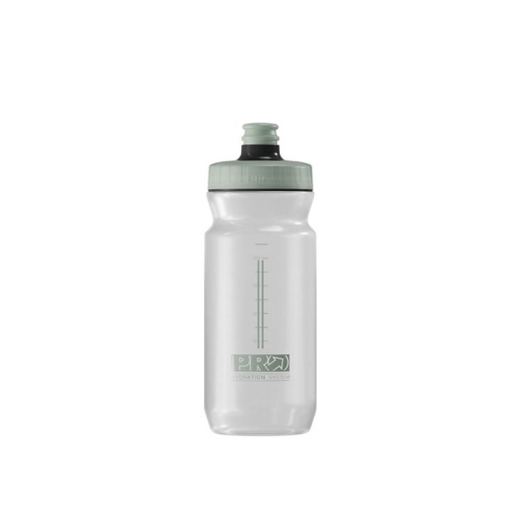 Transparent sports water bottle with a pale mint-green cap and pull spout, featuring vertical measurement markings and a small logo near the base, shown against a light gray background.