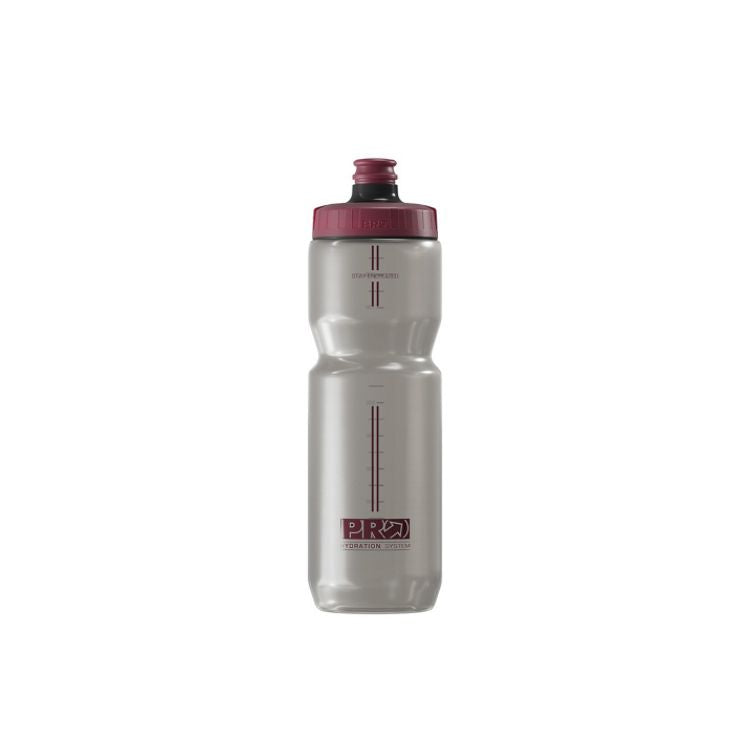 Transparent sports water bottle with a burgundy cap and pull spout, featuring vertical measurement markings and a matching burgundy logo near the base, shown against a light gray background.