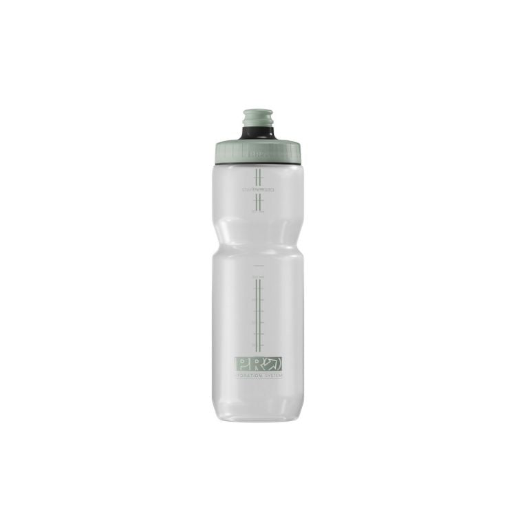 Tall transparent sports water bottle with a pale mint-green cap and pull spout, featuring vertical measurement markings on the front and a small logo near the base, shown against a light gray background.
