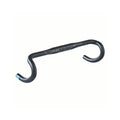 Black drop bicycle handlebar shown isolated on a light gray background. The handlebar has a curved road-bike style design with downward-facing hooks on both ends and subtle branding and technical markings printed on the center section. One handlebar end features a small blue accent.