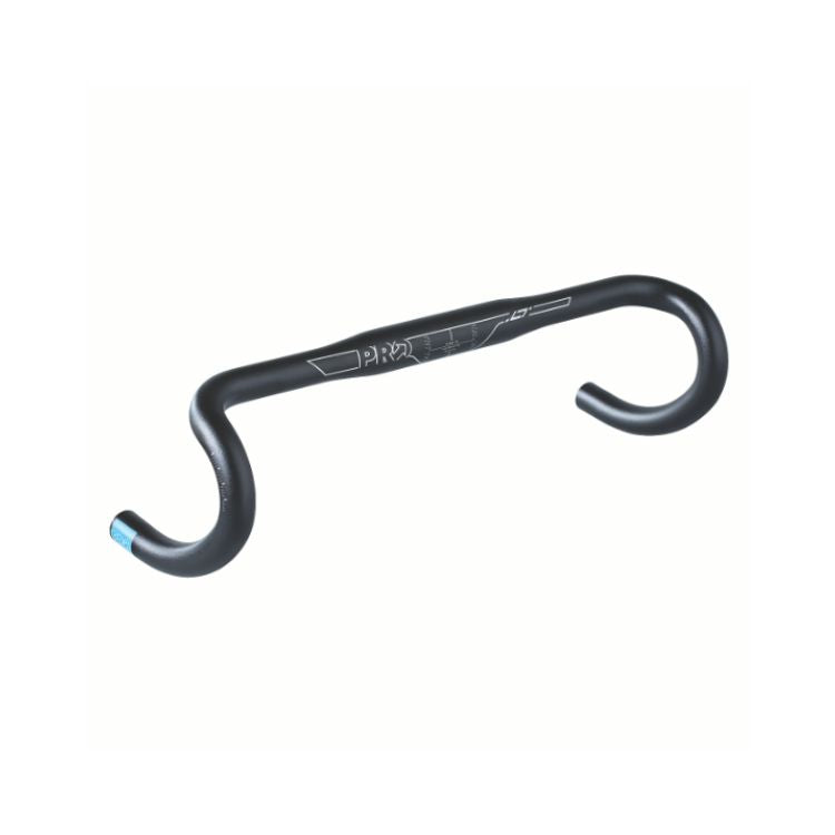 Black drop bicycle handlebar shown isolated on a light gray background. The handlebar has a curved road-bike style design with downward-facing hooks on both ends and subtle branding and technical markings printed on the center section. One handlebar end features a small blue accent.