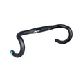 Angled view of a black PRO PLT road bicycle handlebar on a light gray background. The ergonomic drop-bar design shows a slightly flattened top section, curved drops, white branding on the upper bar, and a blue accent on the left handlebar end cap.