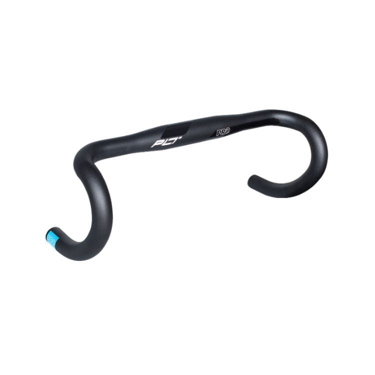 Angled view of a black PRO PLT road bicycle handlebar on a light gray background. The ergonomic drop-bar design shows a slightly flattened top section, curved drops, white branding on the upper bar, and a blue accent on the left handlebar end cap.