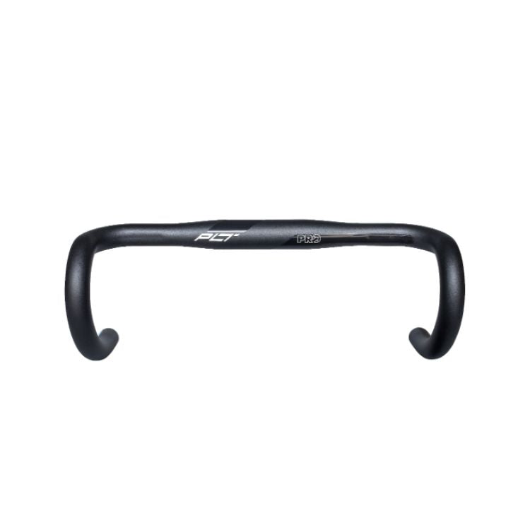 Black PRO PLT road bicycle handlebar shown from the front on a light gray background. The compact drop handlebar features rounded downward curves on both sides, with white “PLT” and “PRO” branding visible along the top section.