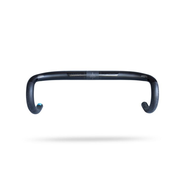 Front-facing view of a black road bicycle drop handlebar showing a straight top section and symmetrical curved drops. The center clamp area includes alignment markings, and the handlebar is displayed on a light gray background with a faint shadow below.