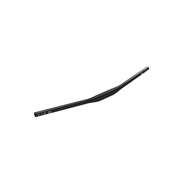 Black mountain bike handlebar with a slight rise and backsweep, shown at an angled side view against a light gray background. The handlebar features subtle branding and measurement markings near both ends.