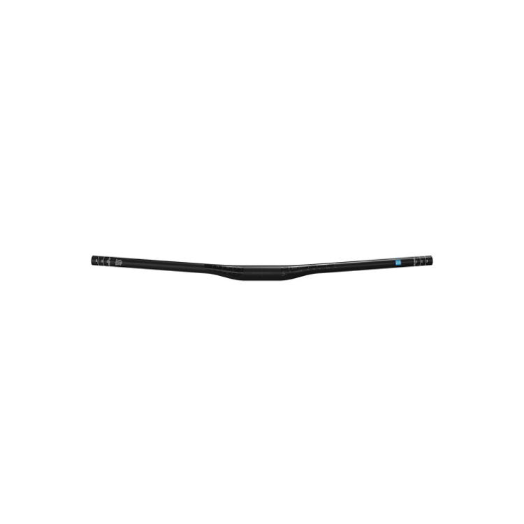 Black mountain bike handlebar shown from the front, featuring a wide profile with a gentle rise and backsweep. Small branding and alignment markings are visible near the ends on a light gray background.