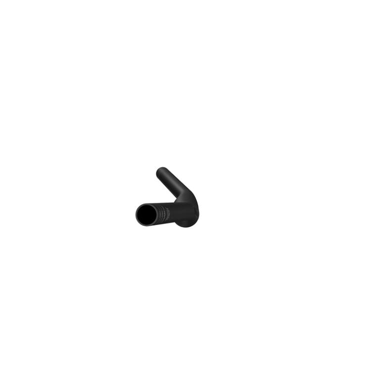 End-on view of a black mountain bike handlebar highlighting the clamp area and upward rise. The hollow tube opening and curved shape are visible against a light gray background.