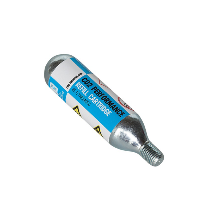 Silver threaded CO₂ refill cartridge with a blue and white label, shown at an angle against a light gray background. Visible text on the label reads “CO2 Performance Refill Cartridge” and “25 g Threaded.” The cartridge features a rounded metal body and a threaded nozzle for compatibility with CO₂ inflation systems.