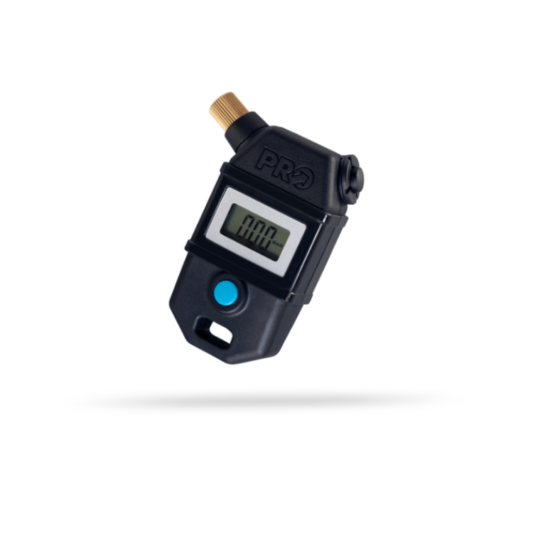 PRO digital tire pressure gauge with a black casing and digital display and blue button with PRO logo embossed in front