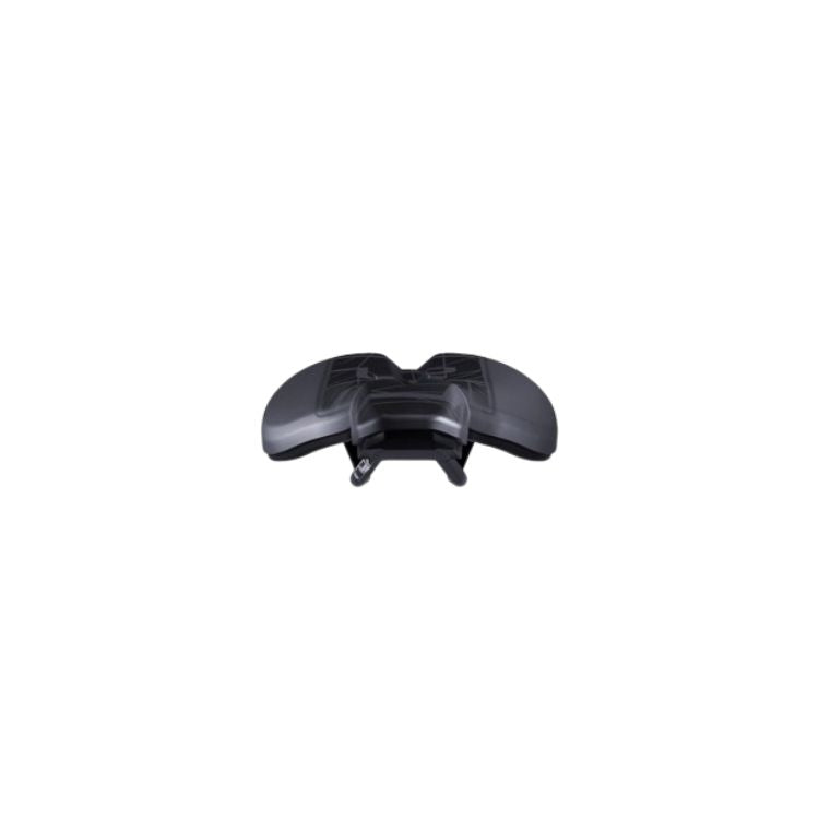 Front-facing view of a black bicycle saddle highlighting the curved wings, central cutout channel, and underside rails. A subtle geometric pattern is visible on the upper surface. The saddle is centered on a light gray background.