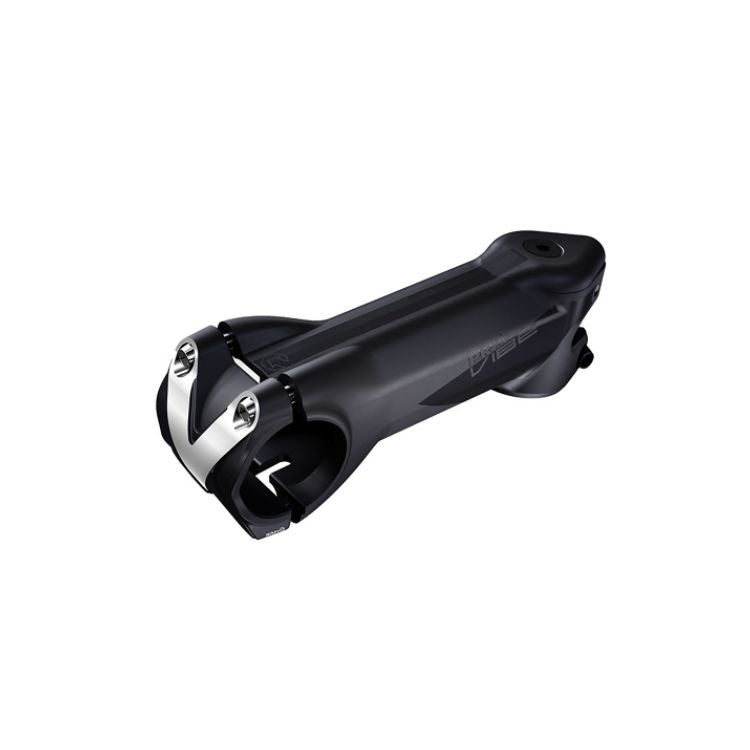Three-quarter front view of a black bicycle stem showing the handlebar clamp with two silver bolts, smooth sculpted body, and subtle gray branding on the side. The aerodynamic design and matte surface finish are highlighted against a light gray background.